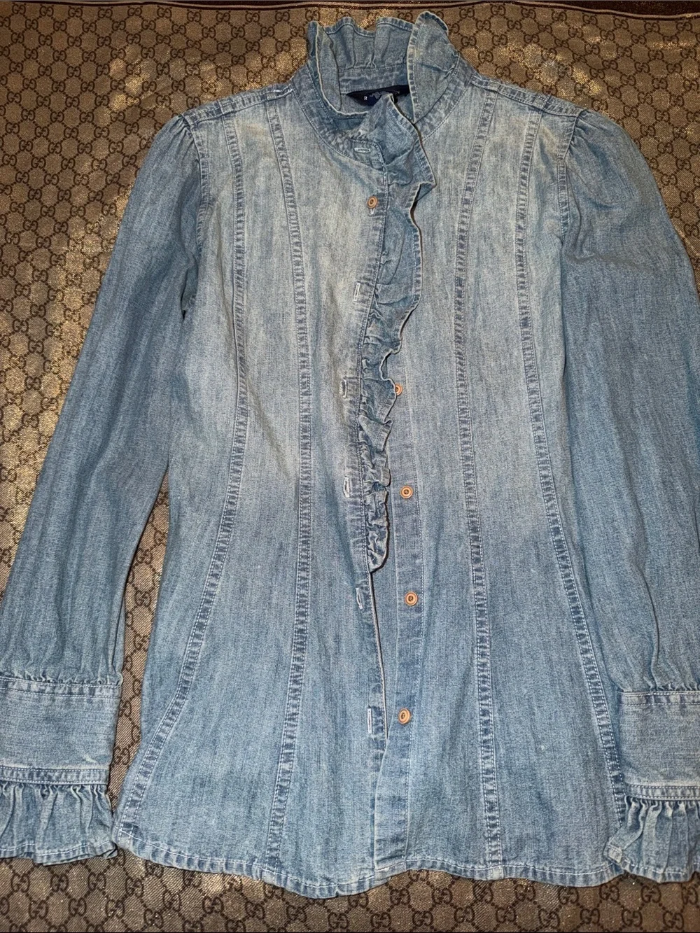 Ralph Lauren Light Blue Ruffled Denim Button-Down Shirt